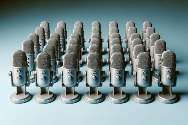 rows of podcast microphones on a light blue background