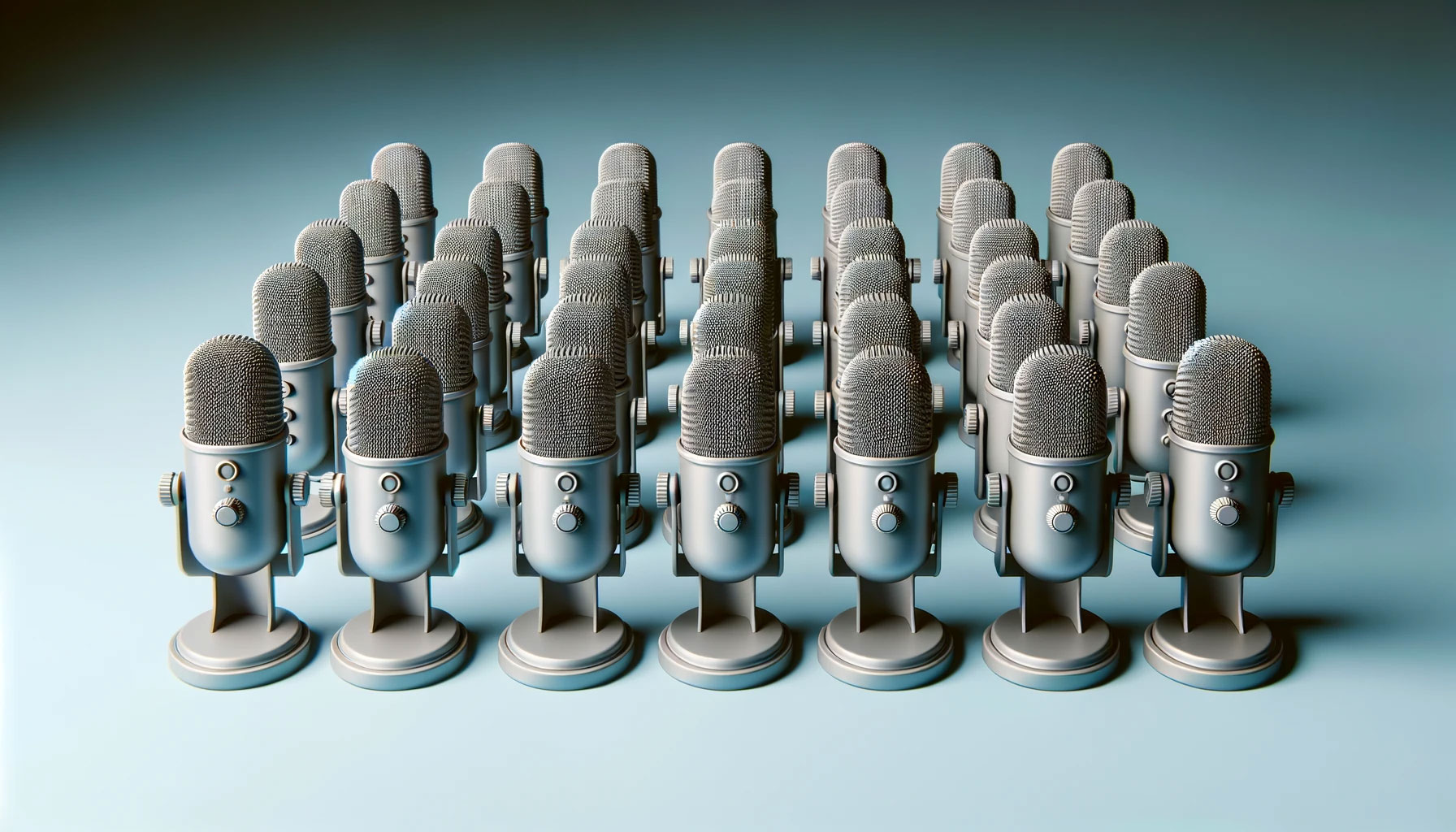 rows of podcast microphones on a light blue background